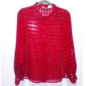 Basic Editions Womens Shirt Red sheer Sz L collar button up Jacquard red on red